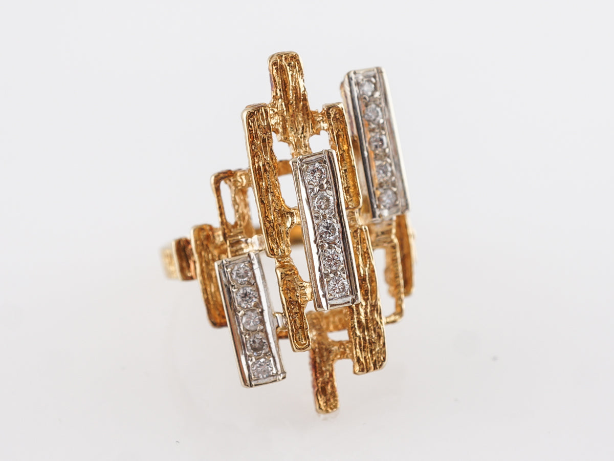 Mid-Century Bark Textured Diamond Ring 14k Yellow Gold