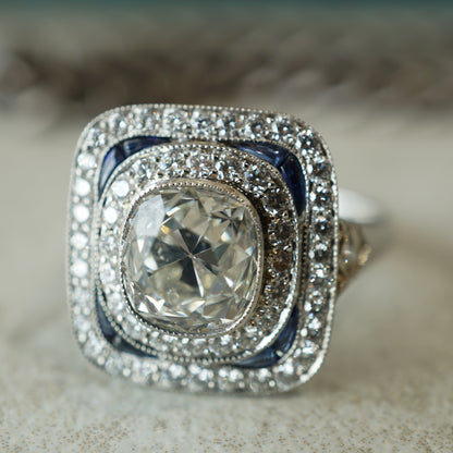 1.94 Antique European Cut Diamond & Sapphire Ring in Platinum