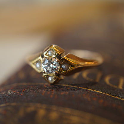Victorian Diamond & Seed Pearl Ring in 14k Yellow Gold