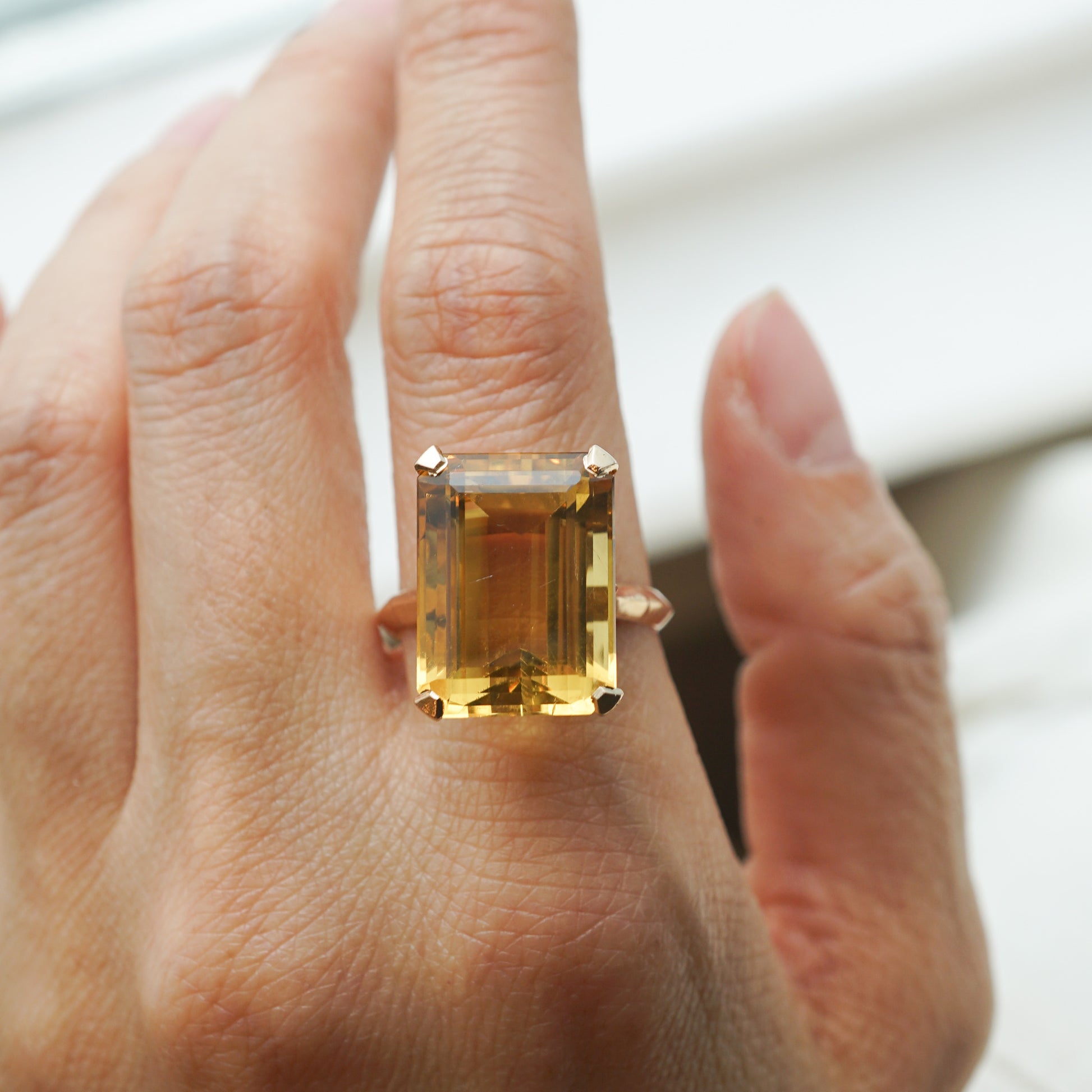Emerald Cut Citrine Cocktail Ring in 14k Yellow Gold – Filigree