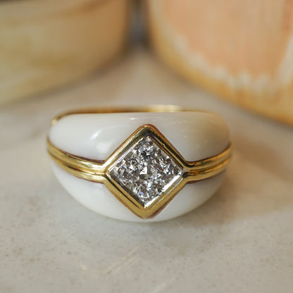 White Coral & Diamond Ring in 18k Yellow Gold