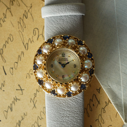 Vintage Lucien Piccard Sapphire & Pearl Watch in 14k Yellow Gold