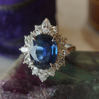 Sapphire & Marquise Cut Diamond Halo Ring in Platinum