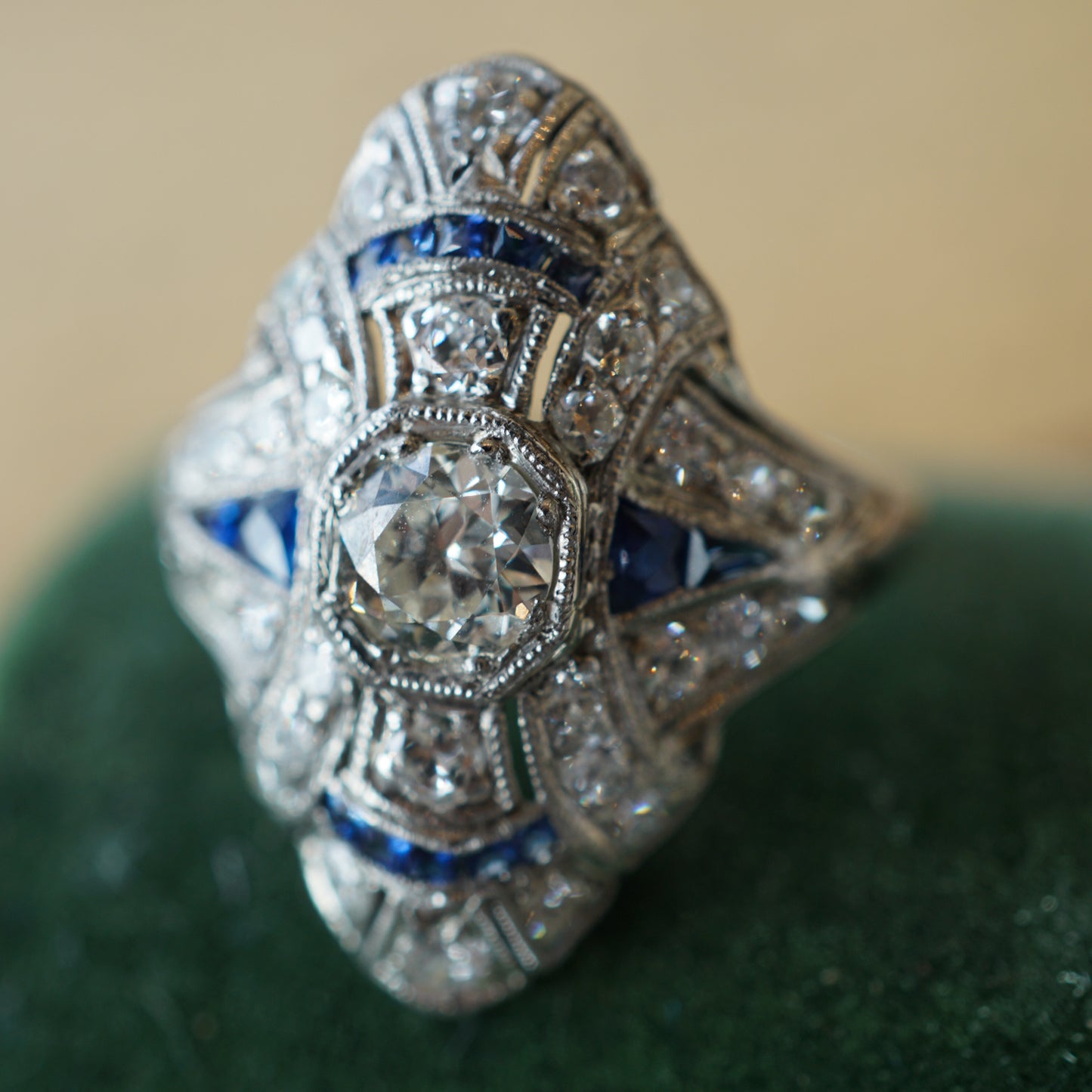 1.68 Art Deco Diamond & Sapphire Cocktail Ring in Platinum