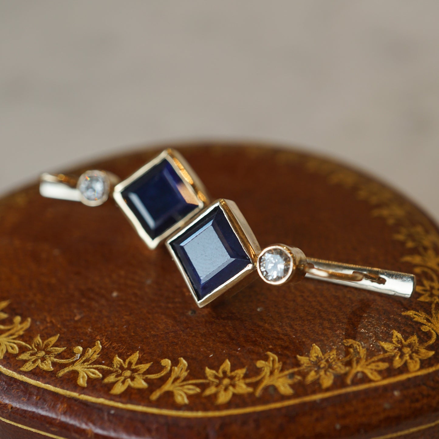 Square Cut Sapphire & Diamond Earrings in 14k Yellow Gold
