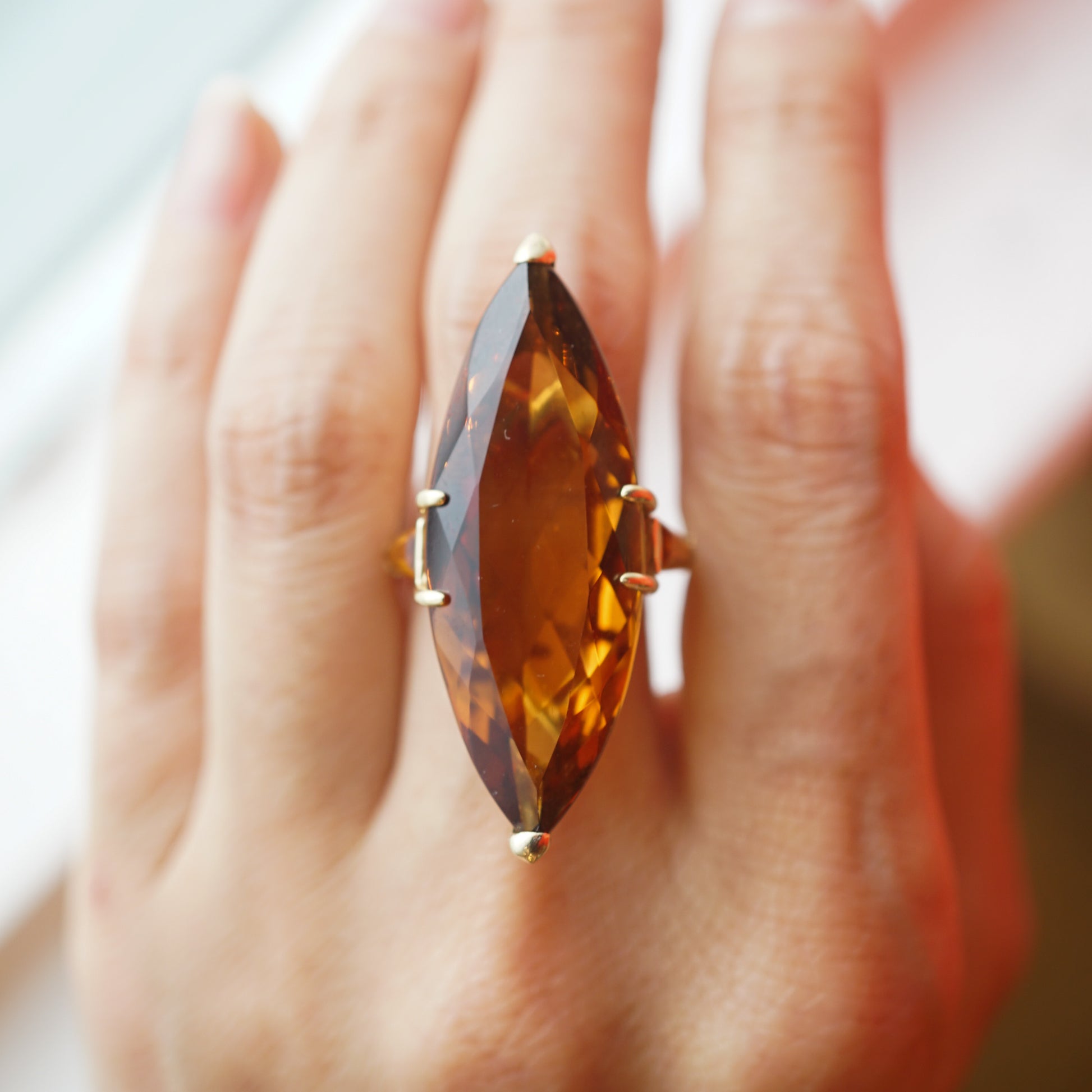 Marquise Cut Citrine Cocktail Ring in 14k Yellow GoldComposition: 14 Karat Yellow GoldRing Size: 8.5Total Gram Weight: 9.72 gInscription: 14k