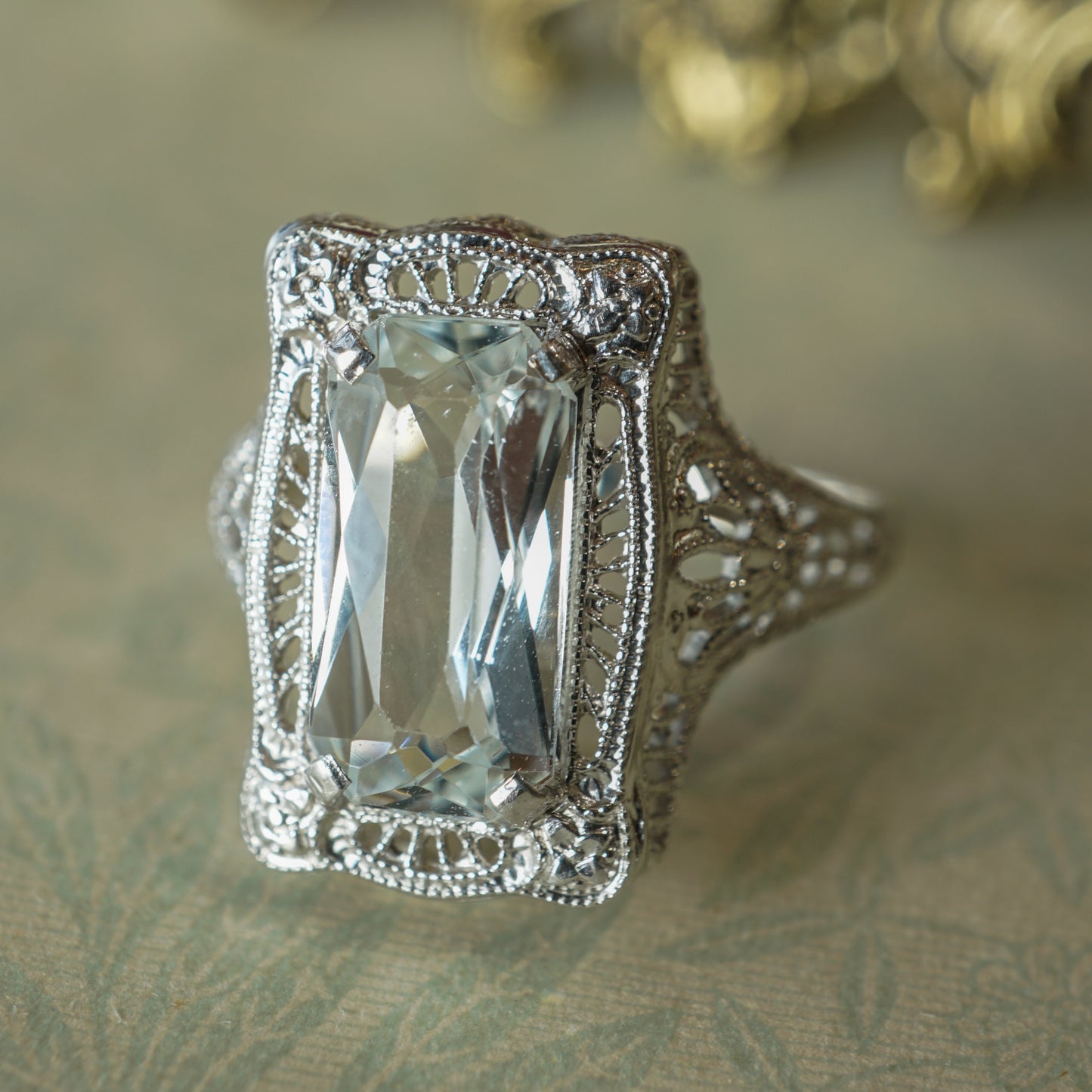 1.90 Emerald Cut Aquamarine Filigree Ring in 14k White Gold