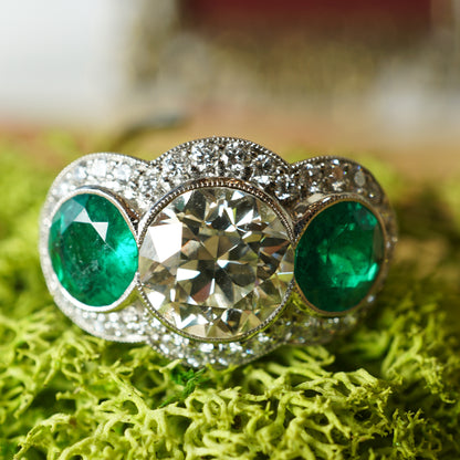 1.81 Diamond & Emerald Three Stone Ring in Platinum