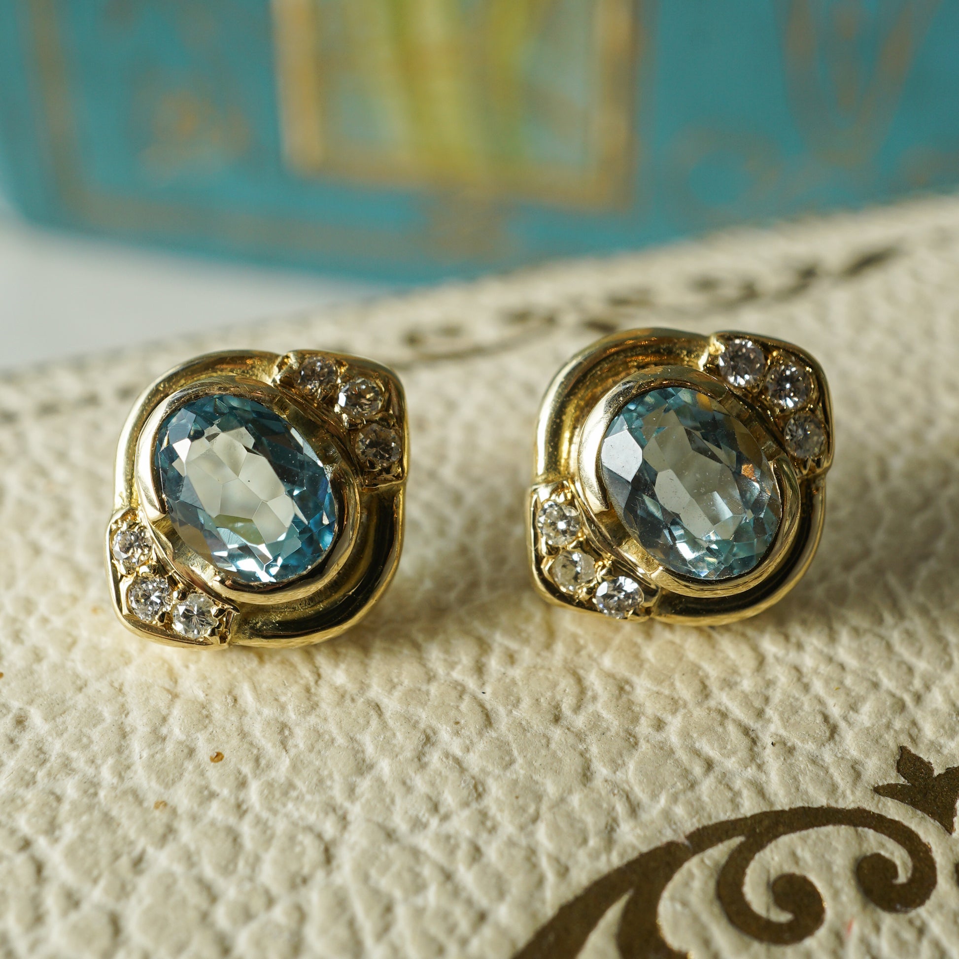 Aquamarine & Diamond Stud Earrings in 18k Yellow Gold