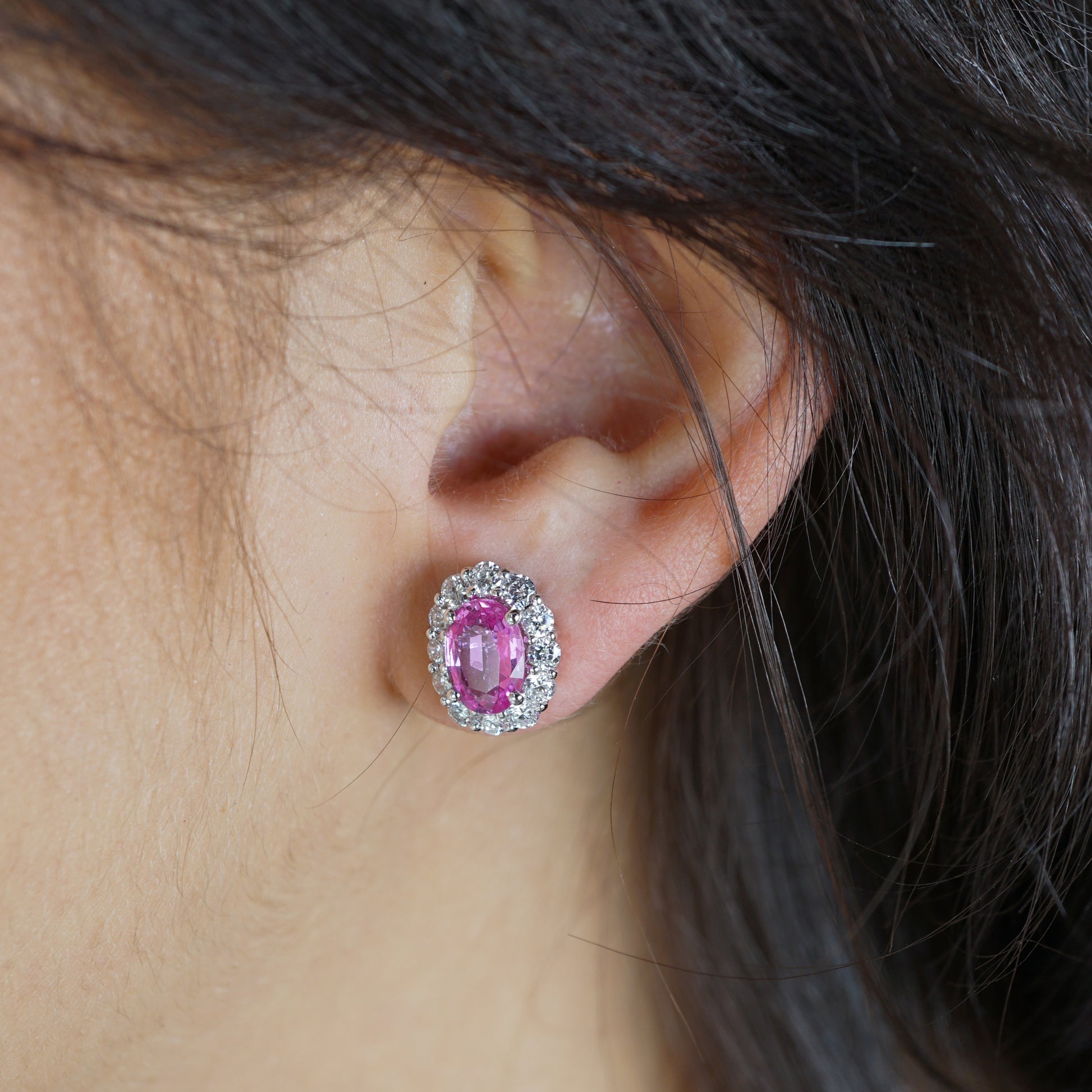 3.60 Oval Cut Pink Sapphire & Diamond Earrings in 18K White Gold