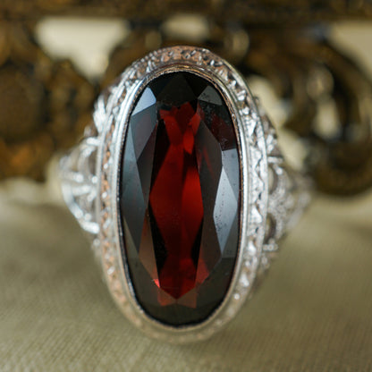 Art Deco Oval Garnet Cocktail Ring in 14k White Gold