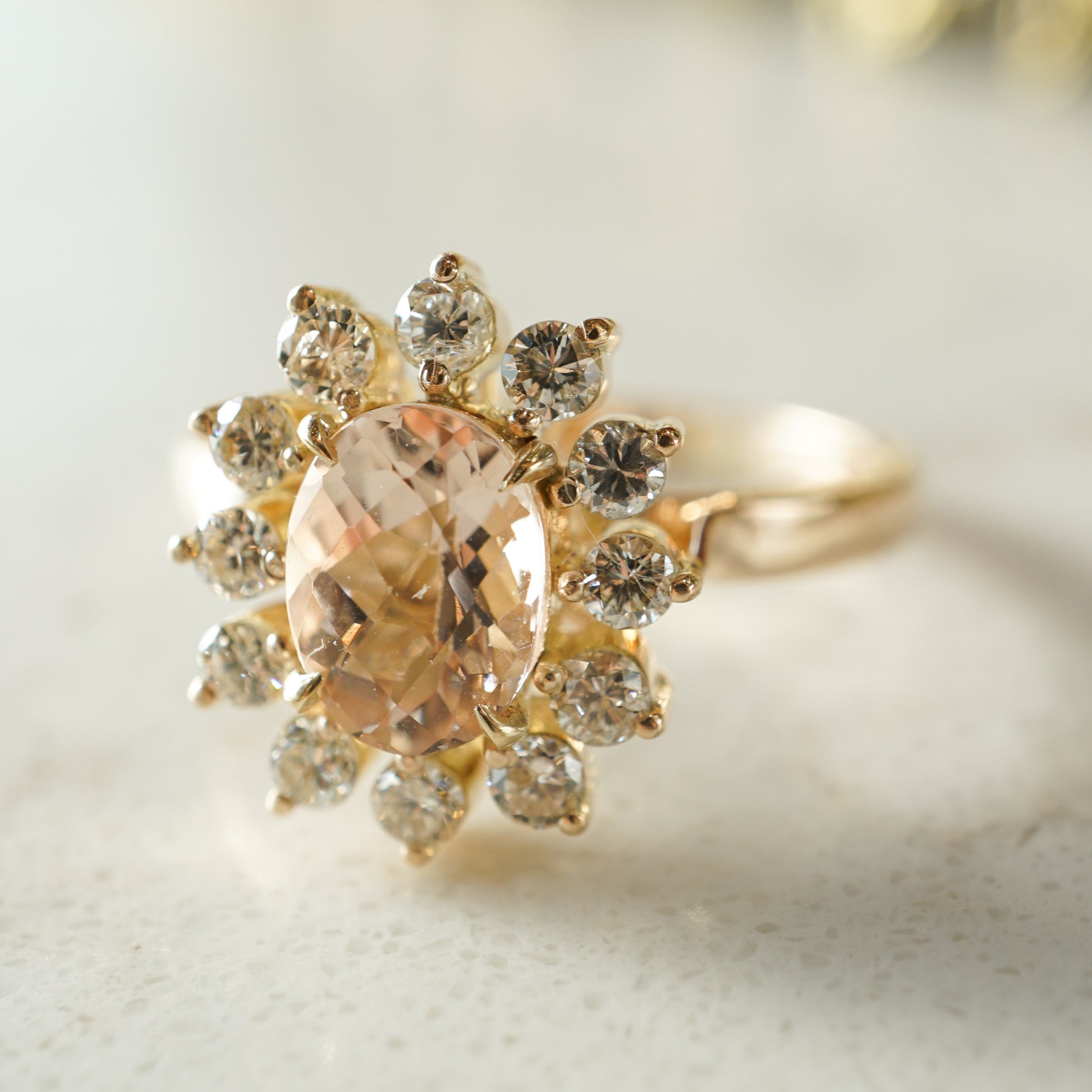 1.04 Oval Pink Morganite and Diamond Ring in 14k Yellow Gold