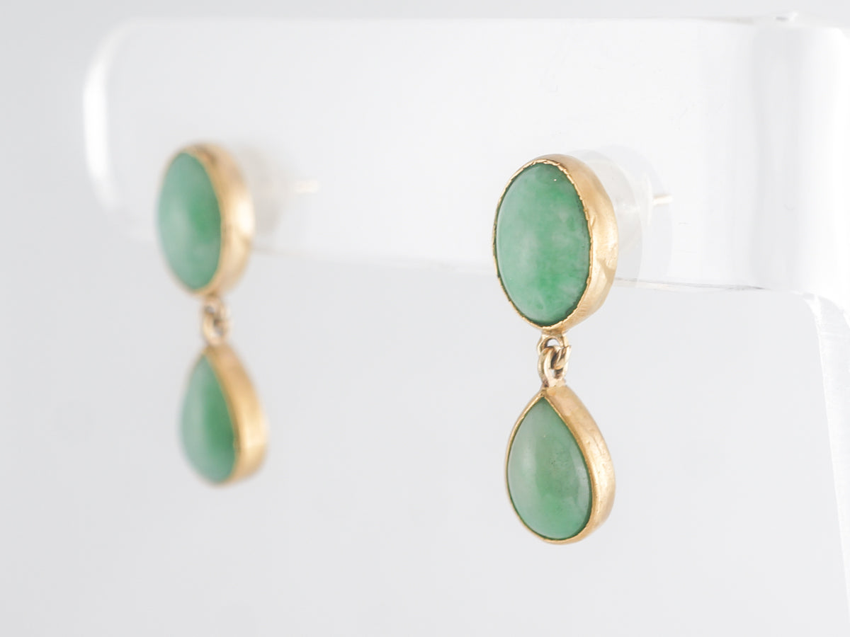 Mid-Century Cabochon Jade Drop Earrings 14K Yellow Gold