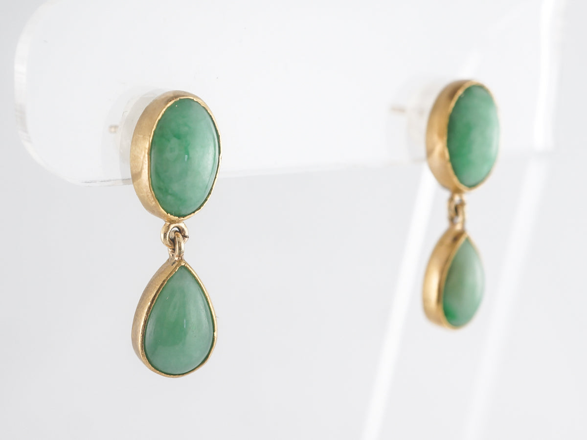 Mid-Century Cabochon Jade Drop Earrings 14K Yellow Gold