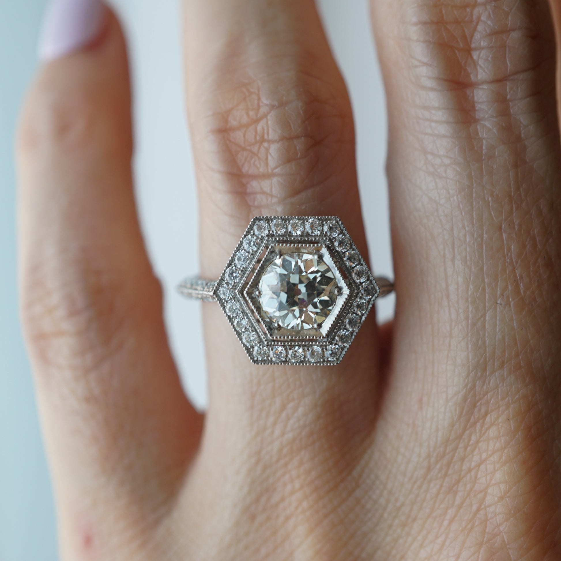 Halo Engagement Hexagon Solitaire Engagement Ring Hexagon Antique