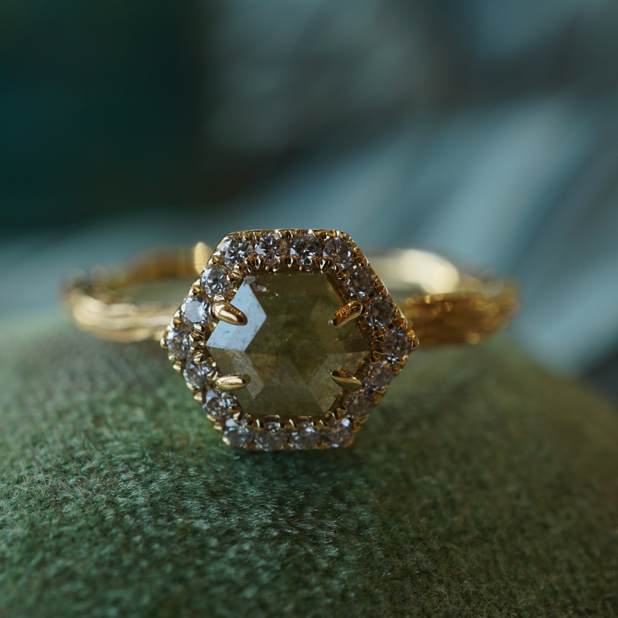 Hexagon Rustic Diamond Engagement Ring in 18k Yellow Gold Filigree Jewelers