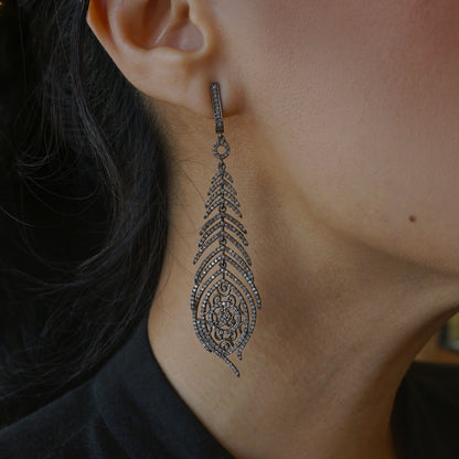 Pave Diamond Feather Earrings in Sterling Silver