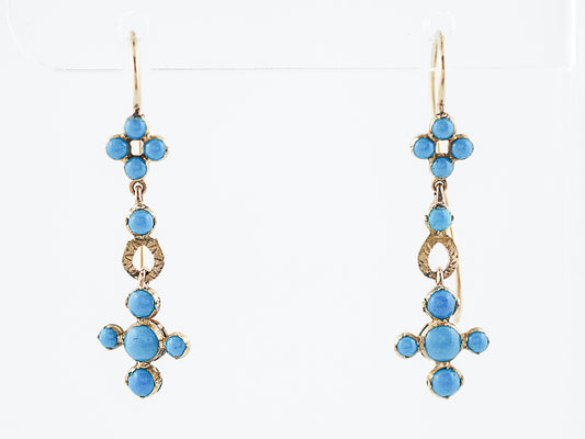 Antique Dangle Earrings Georgian Cabochon Cut Persian Turquoise in 14k & 18 Yellow Gold
