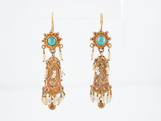 Vintage Earrings Mid-Century Cabochon Cut Turquoise & Seed Pearls in 18k Yellow Gold