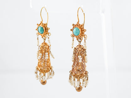 Vintage Earrings Mid-Century Cabochon Cut Turquoise & Seed Pearls in 18k Yellow Gold