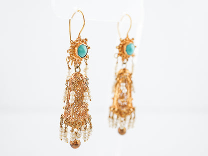 Vintage Earrings Mid-Century Cabochon Cut Turquoise & Seed Pearls in 18k Yellow Gold