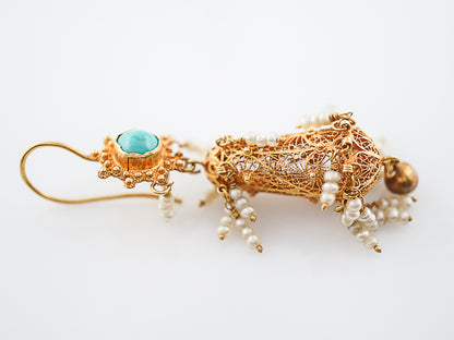 Dangle Drop Earrings Mid Century Cabochon Cut Turquoise & Seed Pearls in 18k Yellow Gold