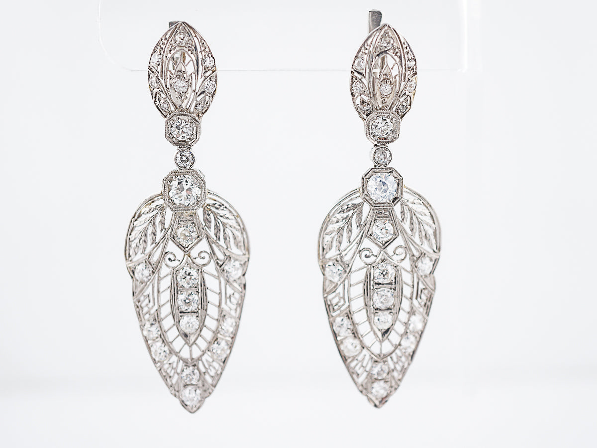 Antique Dangle Earrings Art Deco 3.90 Old European Cut Diamonds in Platinum