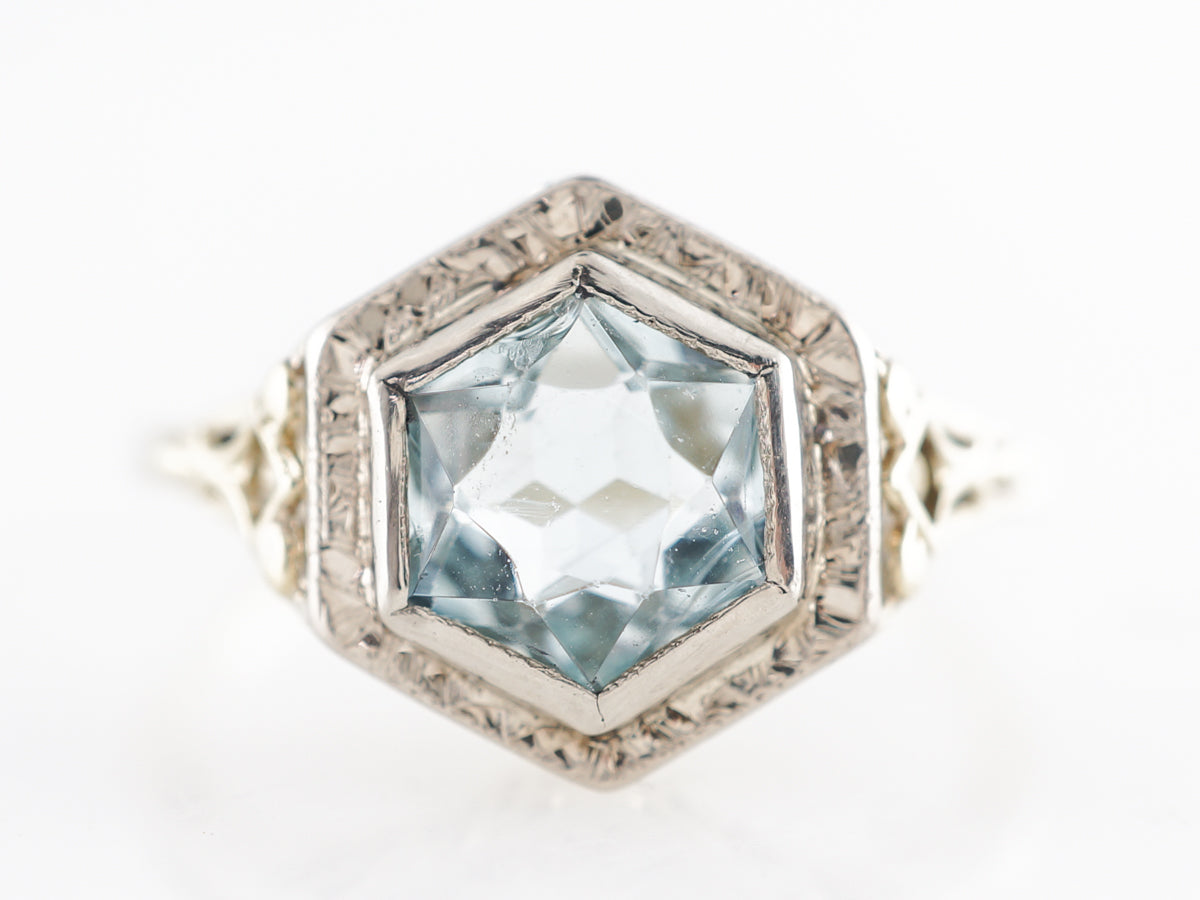 Vintage Hexagon Cut Aquamarine Ring 14k Yellow Gold