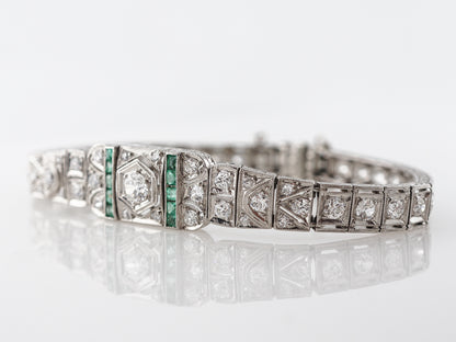 Art Deco Diamond Bracelet w/ Emerald Accents in Platinum