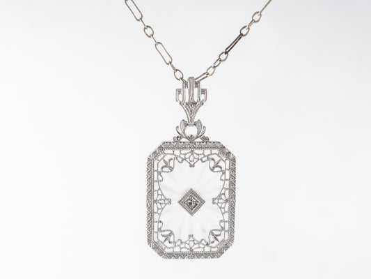 Art Deco Camphor Glass Pendant in 14k White Gold