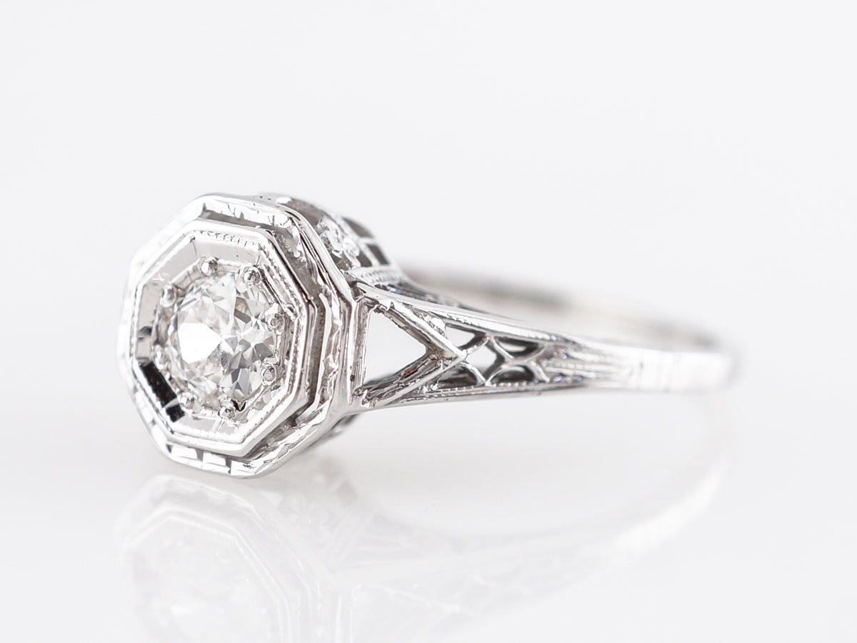 Deco Filigree European Diamond Engagement Ring in 18K