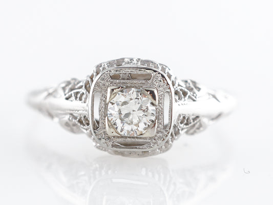 Deco Filigree European Cut Engagement Ring in White Gold