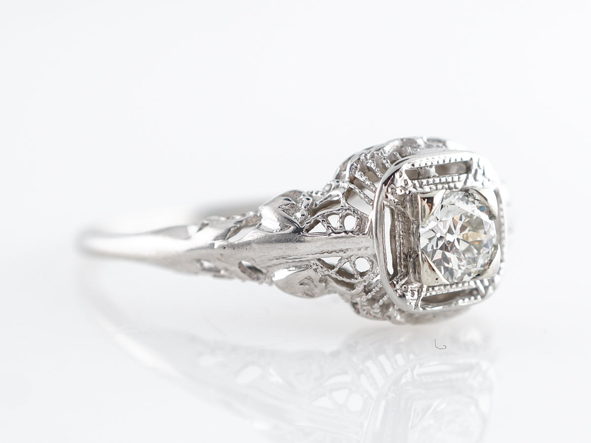 Deco Filigree European Cut Engagement Ring in White Gold