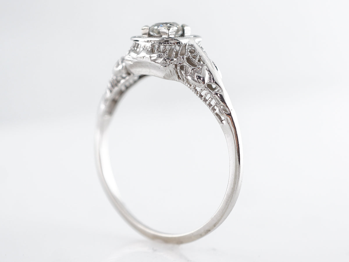 Deco Filigree European Cut Engagement Ring in White Gold