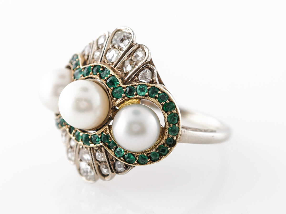 Edwardian Cocktail Ring w/ Pearls, Diamonds & Emeralds Platinum