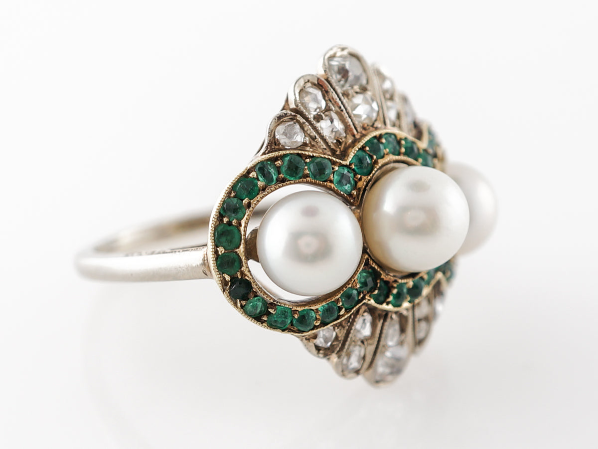 Edwardian Cocktail Ring w/ Pearls, Diamonds & Emeralds Platinum