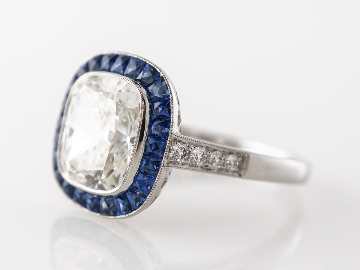 3 Carat Cushion Diamond & Sapphire Halo Engagement Ring