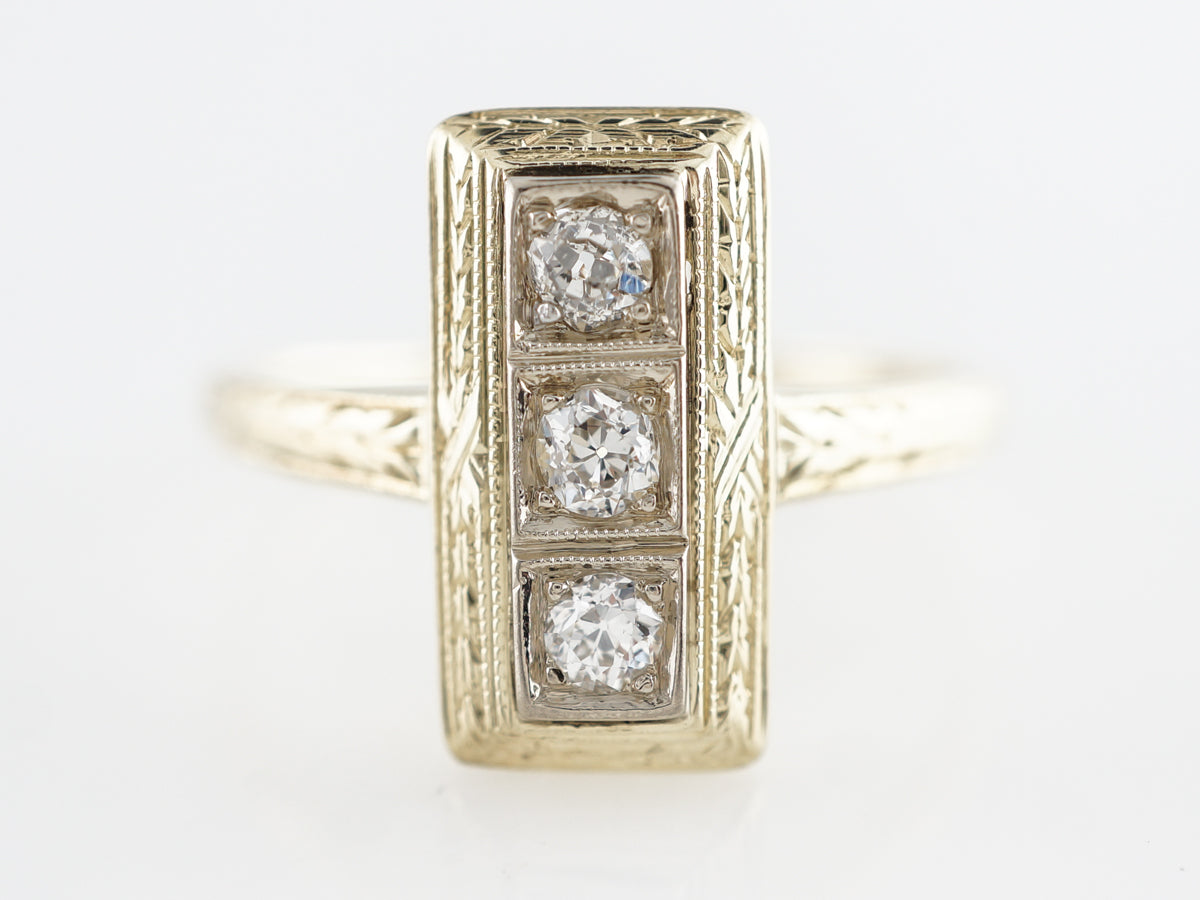 Deco Three Stone Diamond Ring 14k Yellow Gold