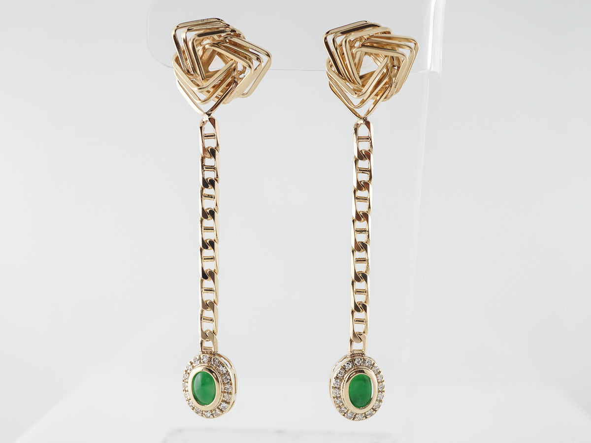 Earrings .88 Cabochon Cut Emerald & .32 Single Cut Diamonds in 14k Yellow Gold