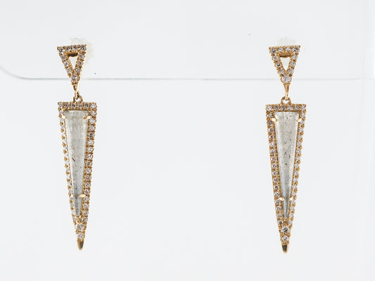 Vintage Style Dangle Earrings Cabochon Cut Labradorite in Yellow Gold