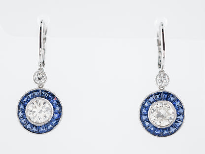 Earrings Modern 1.79 Round Brilliant Cut Diamonds & 1.47 French Cut Sapphire in Platinum
