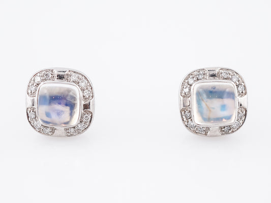 Stud Earrings Modern 2.50 Sugarloaf Cabochon Cut Moonstones & Round Brilliant Cut Diamonds in 14k White Gold