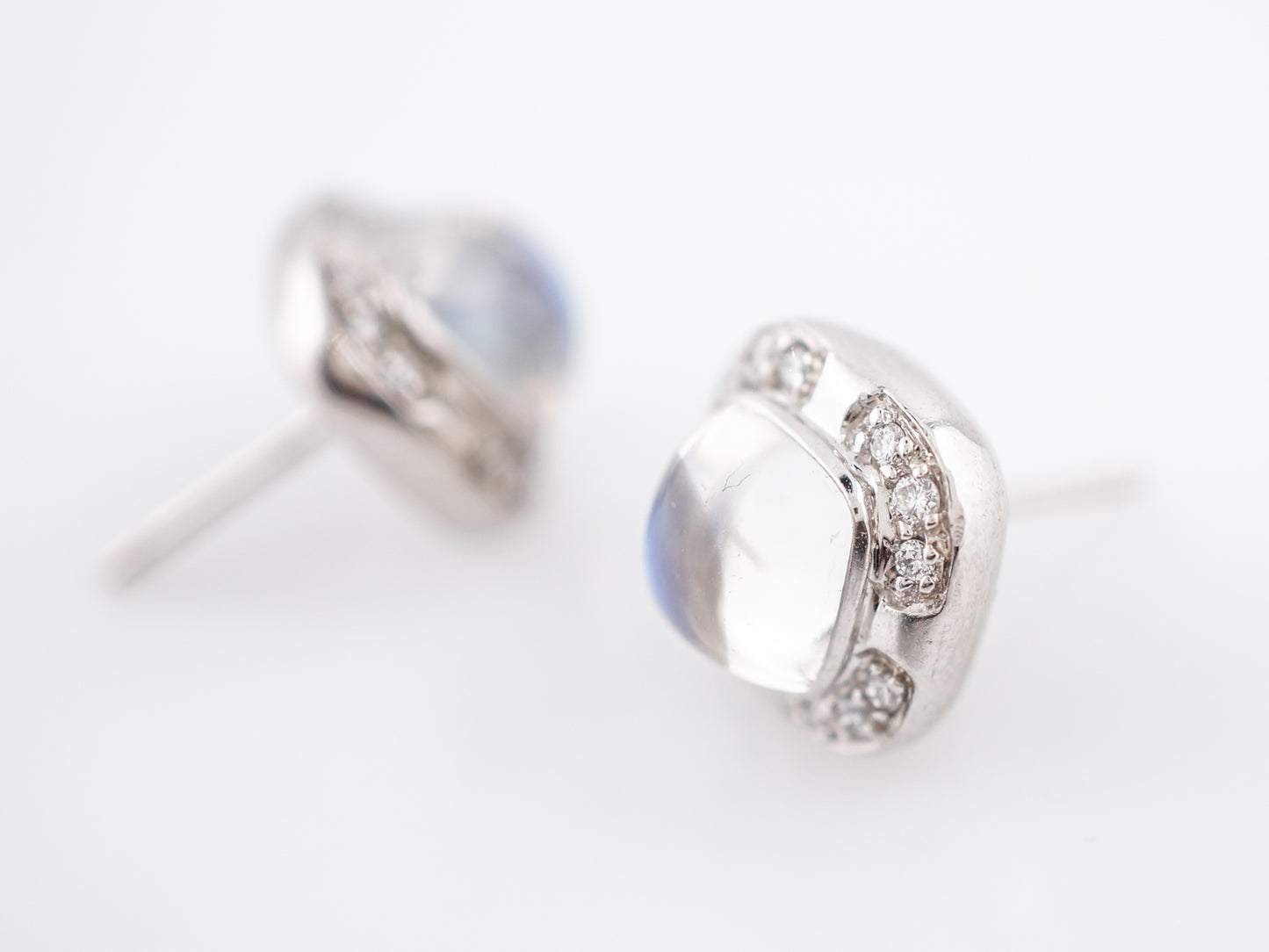 Stud Earrings Modern 2.50 Sugarloaf Cabochon Cut Moonstones & Round Brilliant Cut Diamonds in 14k White Gold
