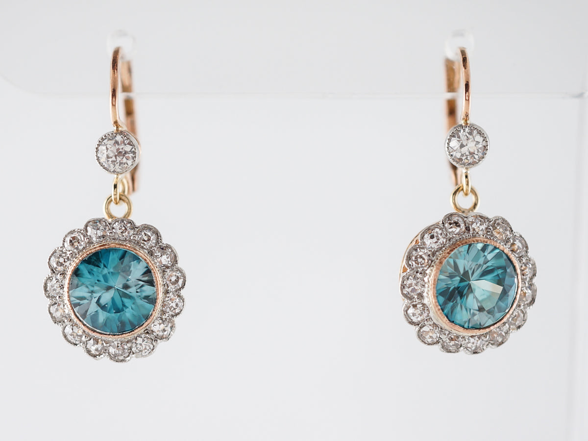 Blue Zircon & Diamond Earrings in Yellow Gold & Platinum