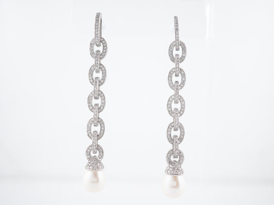 Dangle Earrings Modern 6.59 Round Brilliant Cut Diamonds & Pearl in Platinum