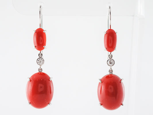 Earrings Modern Cabochon Cut Coral & .12 Round Cut Diamonds in 14k White Gold