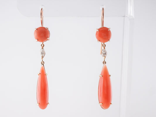 Earrings Modern Cabochon Cut Coral & .22 Marquise Cut Diamonds in 18k Yellow Gold