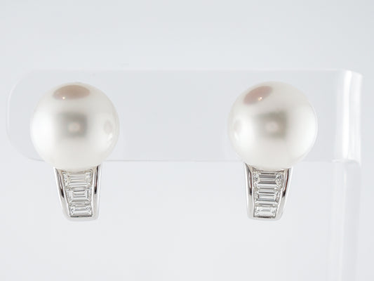 **RTV 5/2/19**Earrings Modern Pearl & 1.23 Straight Baguette Cut Diamonds in Platinum