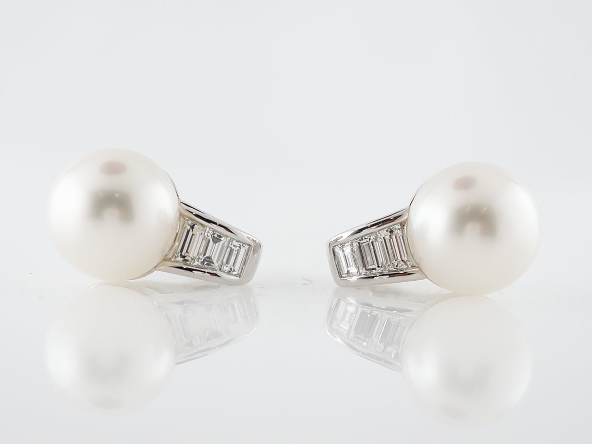 **RTV 5/2/19**Earrings Modern Pearl & 1.23 Straight Baguette Cut Diamonds in Platinum