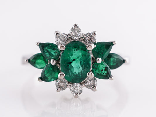 Emerald Cluster Ring w/ Diamond Accents in 14K